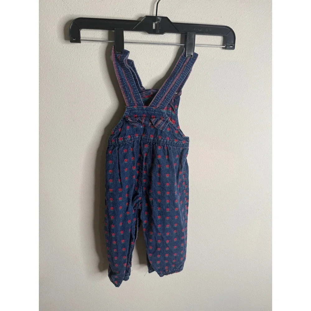OshKosh B'Gosh Girls 18M Blue Red Vintage Floral‎ Denim Overalls Retro Casual
